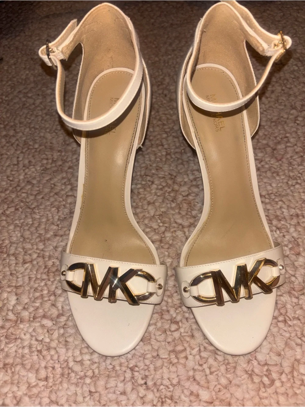 MICHAEL Michael Kors Cream Ankle-Strap Heels with Gold MK Logo